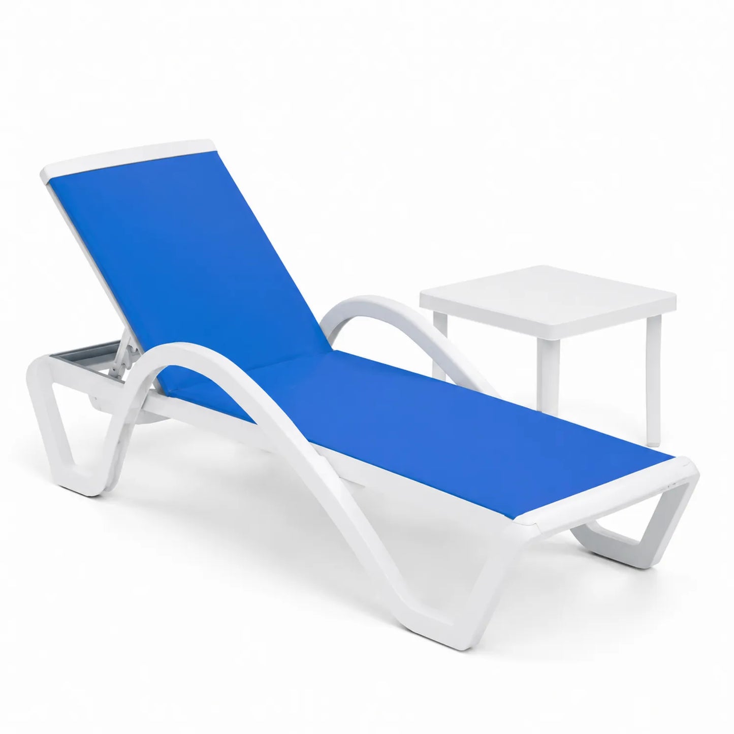 Chaise longue en plastique blanc et polyester bleu avec table d'appoint
