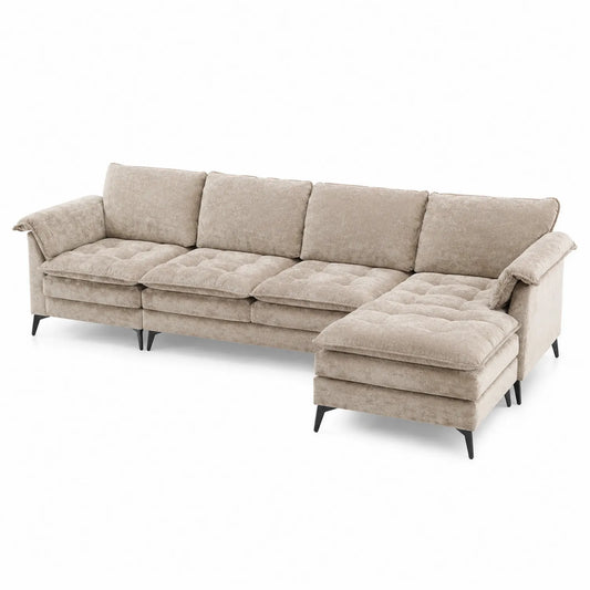 Canapé d'angle droit 4 places en tissu polyester Beige avec méridienne 280 cm