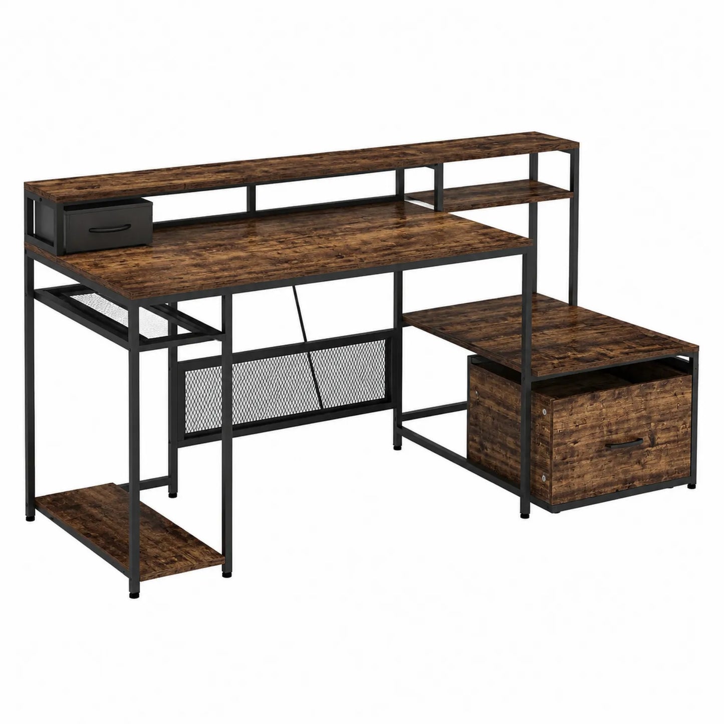 Bureau en bois et métal avec étagères intégrées