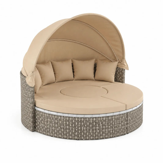 Lit de jardin rond en rotin avec auvent et coussins en polyester Beige Ø180 cm