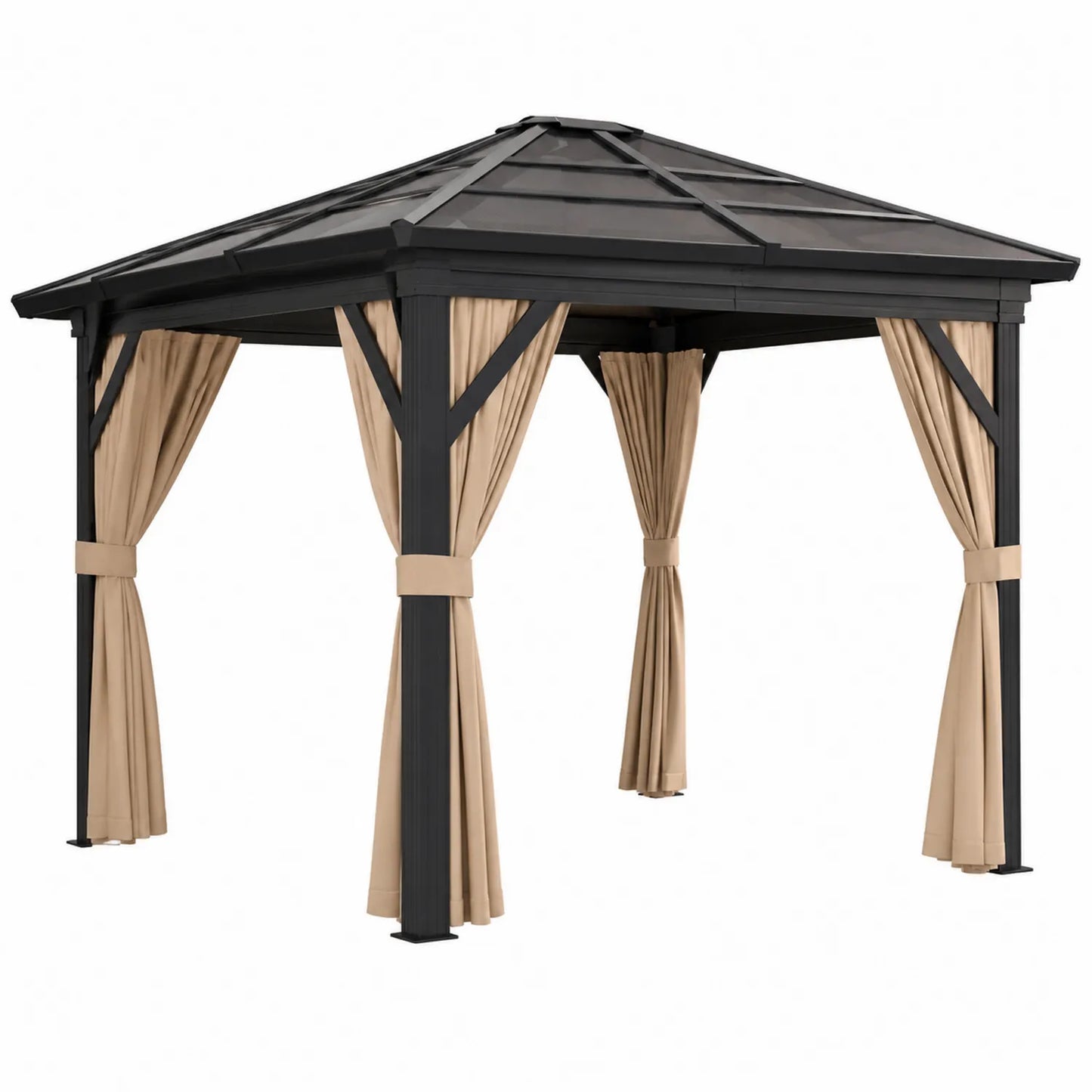 Pavillon en aluminium avec toit en polycarbonate et rideaux beiges