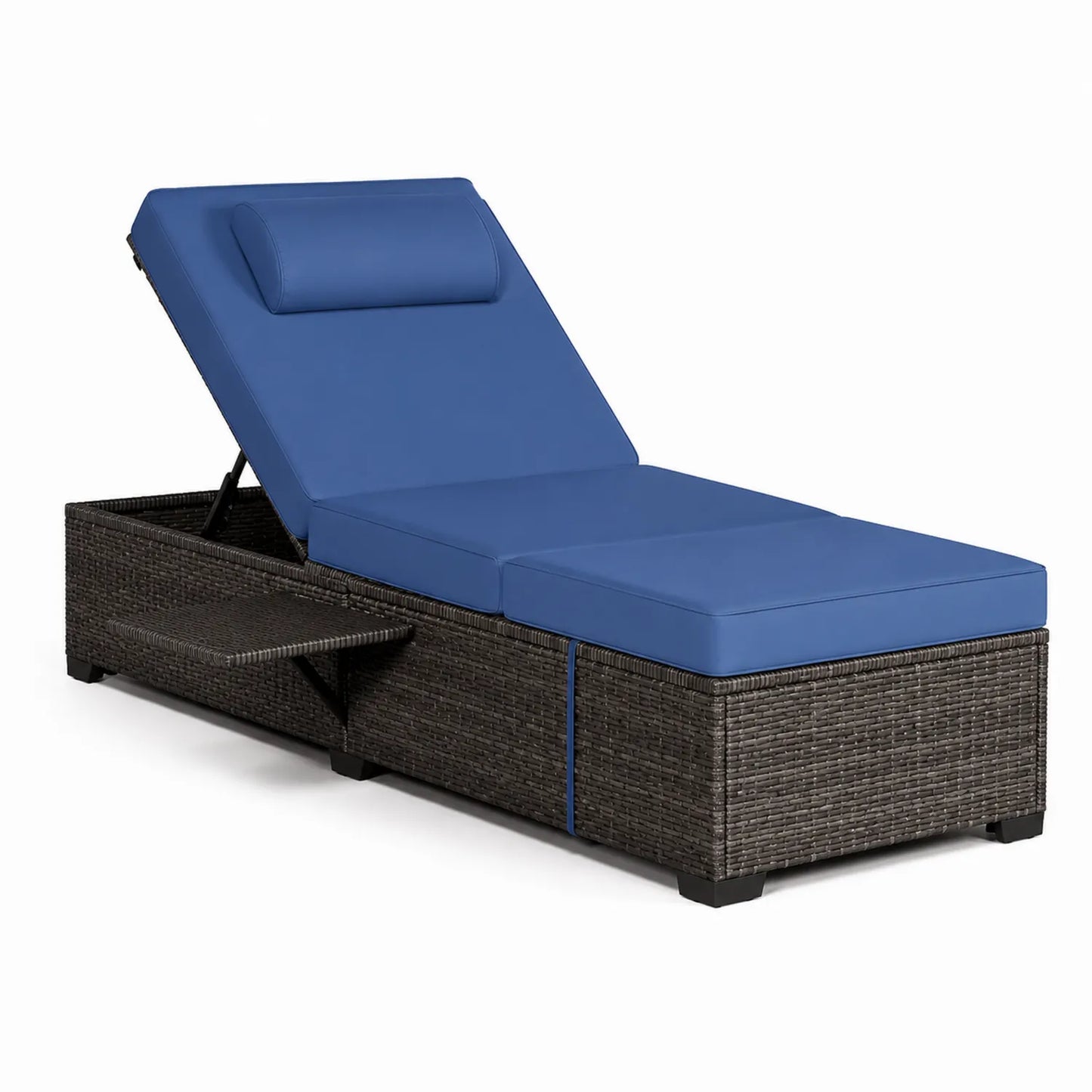 Bain de soleil en rotin synthétique avec coussin bleu et table d'appoint