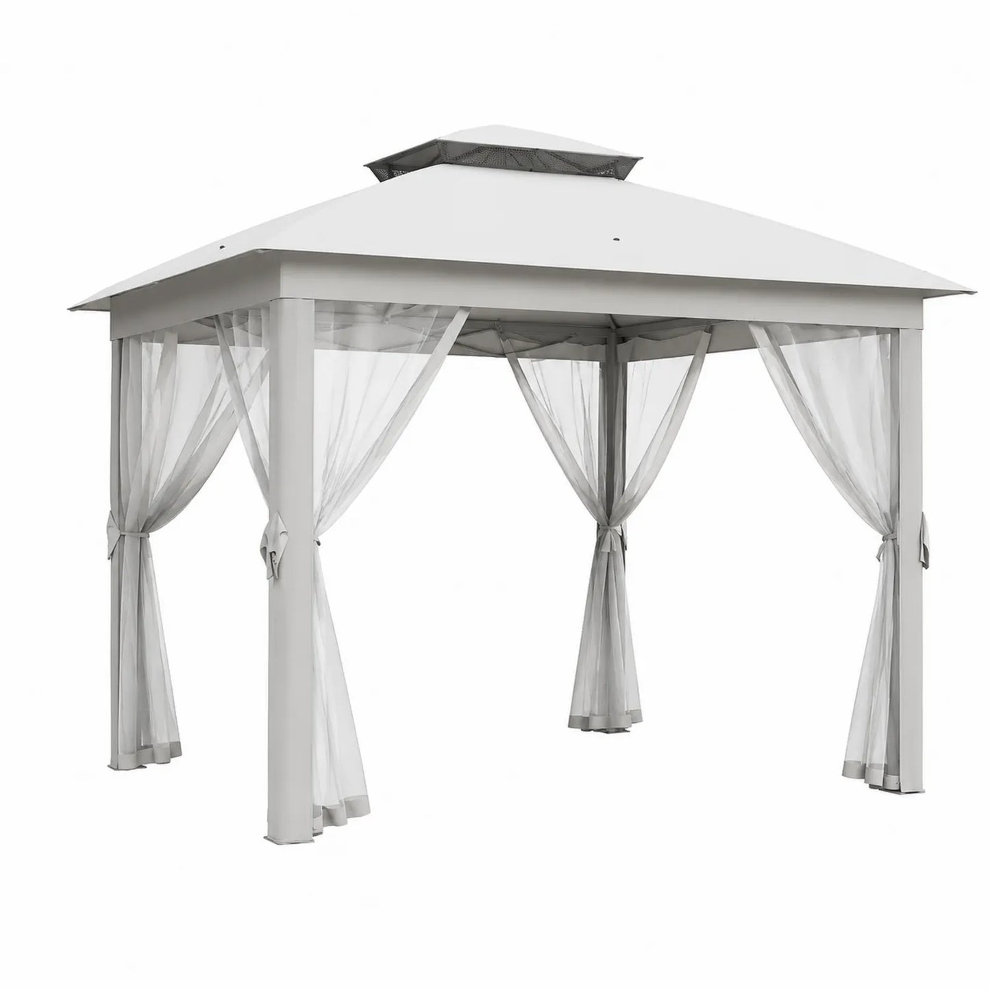 Pavillon de Jardin en Métal Gris avec Rideaux en Maille