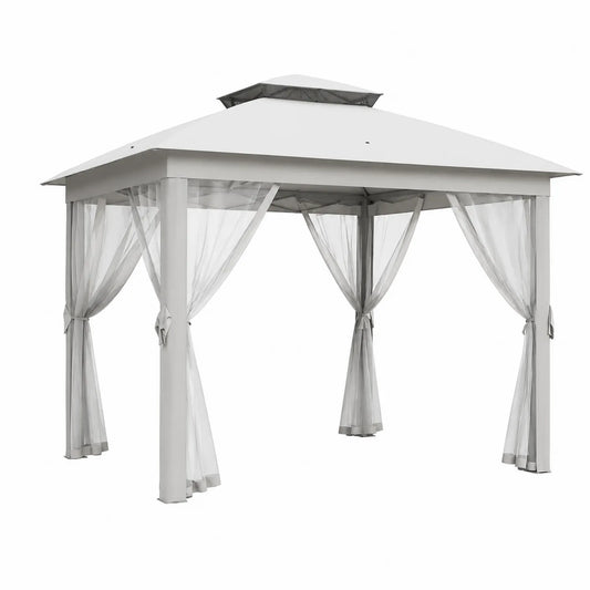 Pavillon de Jardin en Métal Gris avec Rideaux en Maille