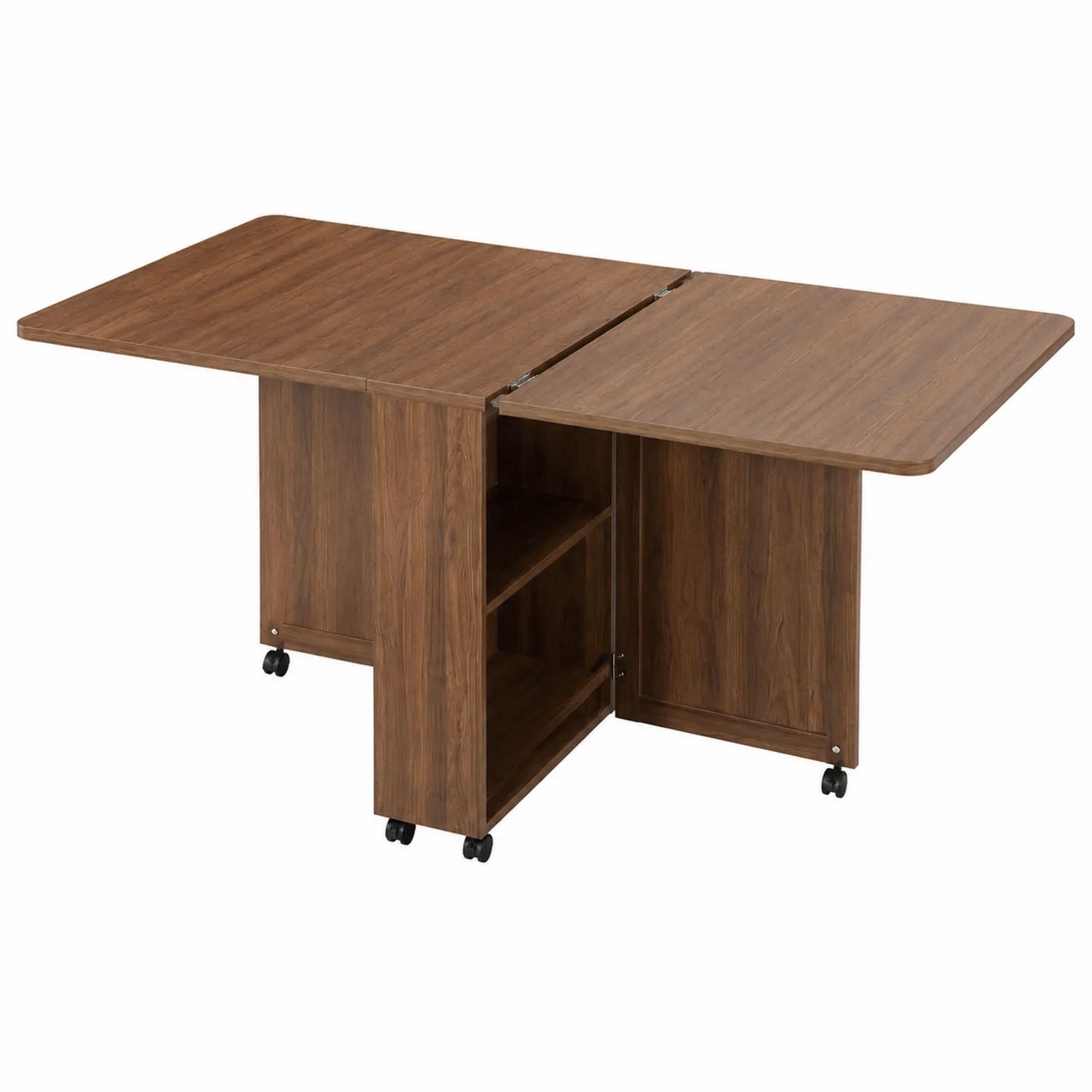 Table à manger pliable en bois avec étagères et roulettes