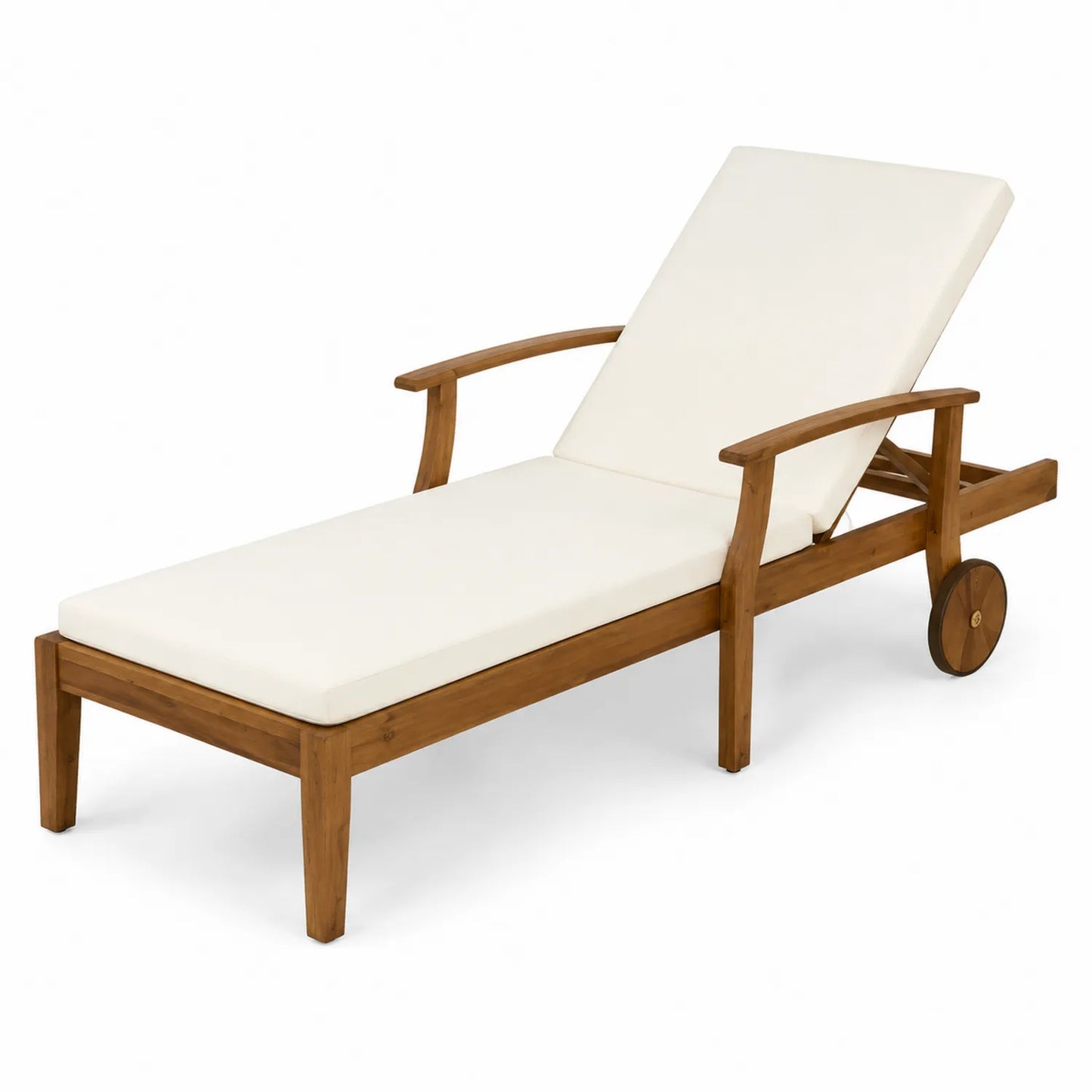 Chaise longue en bois d'acacia avec coussin crème