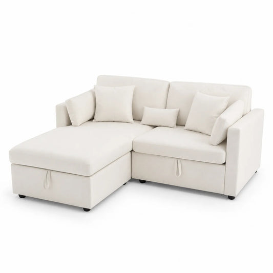 Canapé d'angle convertible en tissu avec méridienne en Lin Beige