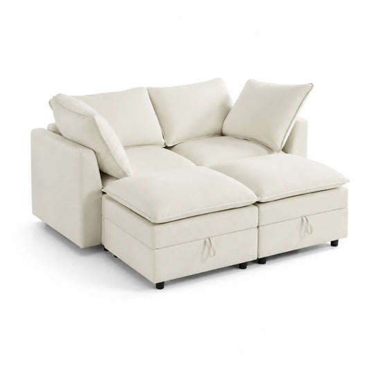 Canapé d'angle modulable 4 places en tissu avec rangement Crème